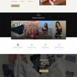 Zrzut ekranu strony internetowej sklepu z ekskluzywną bielizną, prezentujący nagłówek z nazwą firmy, zdjęcie bielizny i perfum, sekcję 'Zmysłowość i elegancja', kolekcje produktów oraz informacje...