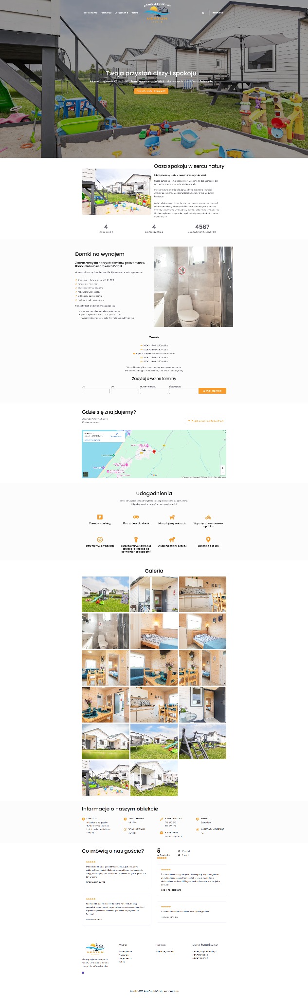 Fragment strony internetowej prezentującej domki letniskowe z widocznym nagłówkiem, zdjęciem domków z placem zabaw oraz tekstem 'Twoja przystań ciszy i spokoju'.