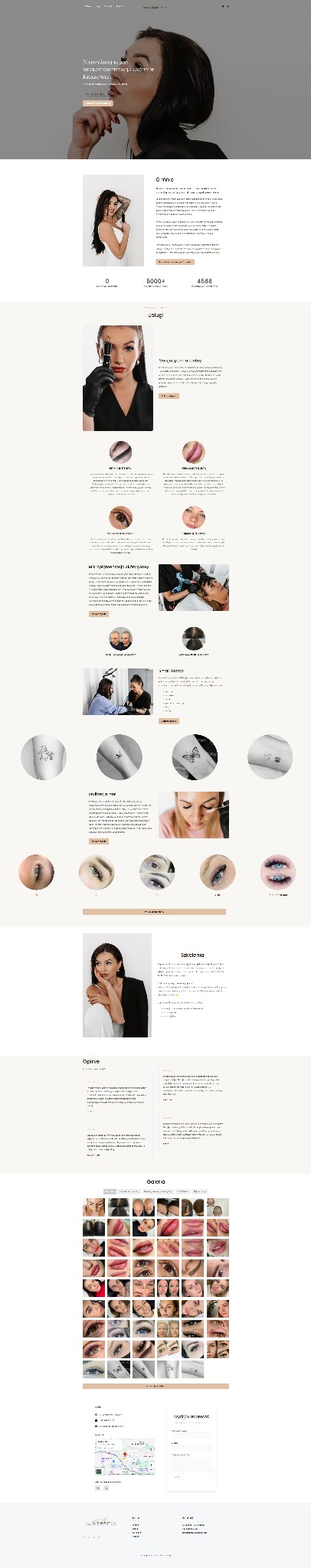 Fragment strony internetowej prezentujący ofertę mikropigmentacji w Krakowie, z galerią zdjęć i mapą dojazdu do salonu.