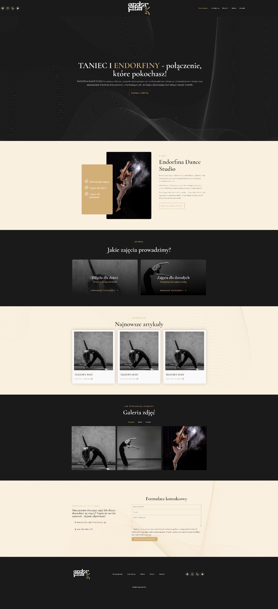 Projekt strony internetowej studia tańca Endorfina Dance Studio z nagłówkiem 'Taniec i Endorfiny - połączenie, które pokochasz!', sekcją 'O nas' z tancerką w ruchu, ofertą zajęć dla dzieci...