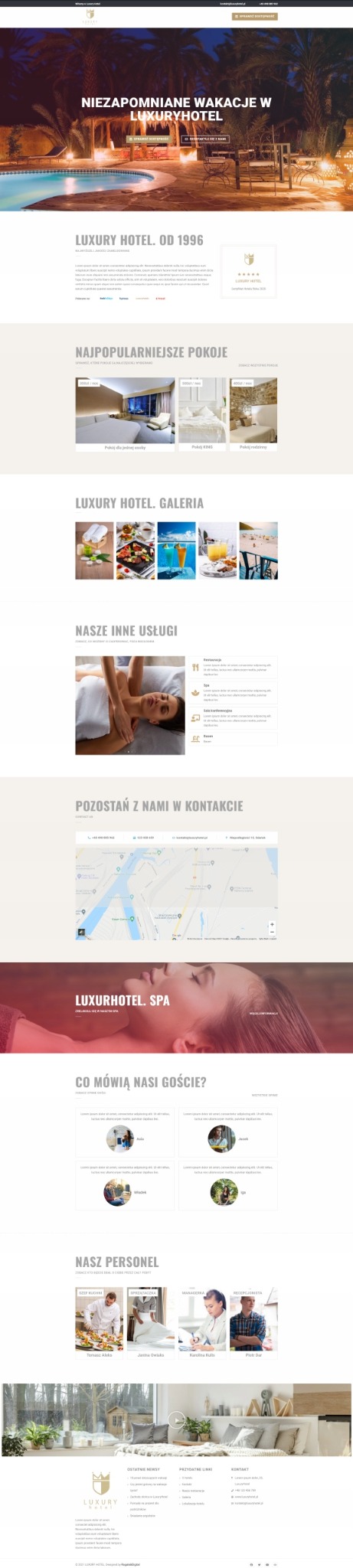 Fragment strony internetowej luksusowego hotelu z sekcjami: niezapomniane wakacje, najpopularniejsze pokoje, galeria, inne usługi, kontakt, opinie gości i personel.