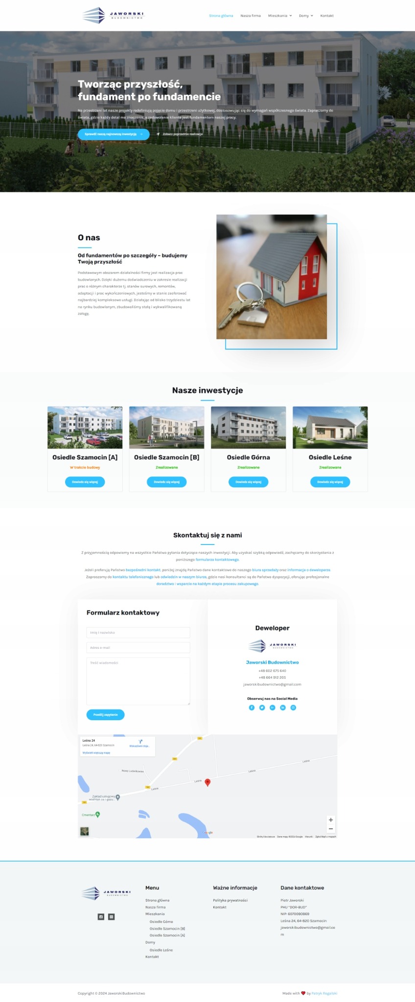 Strona internetowa firmy budowlanej Jaworski Budownictwo, prezentująca nowoczesne budynki mieszkalne i hasło 'Tworząc przyszłość, fundament po fundamencie', z formularzem kontaktowym i mapą dojazdu.