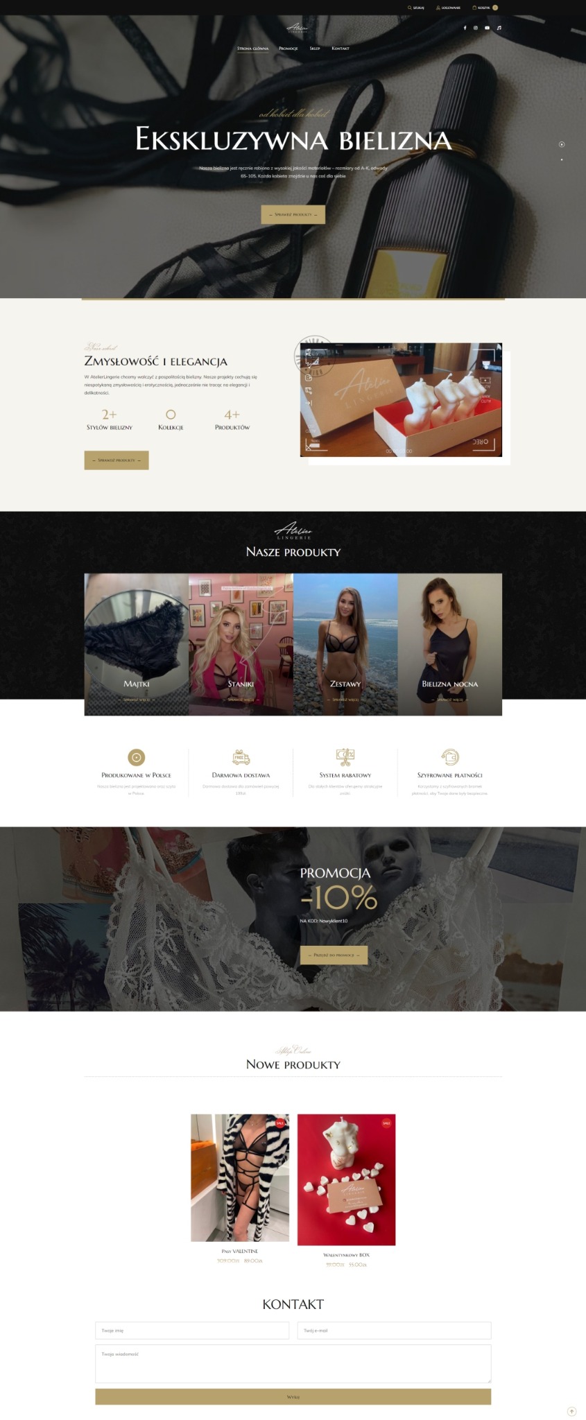 Zrzut ekranu strony internetowej sklepu z ekskluzywną bielizną, prezentujący nagłówek z nazwą firmy, zdjęcie bielizny i perfum, sekcję 'Zmysłowość i elegancja', kolekcje produktów oraz informacje...