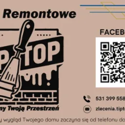 Wizytówka firmy remontowej Tip Top z logiem przedstawiającym pędzel malarski, kodem QR do Facebooka i danymi kontaktowymi.