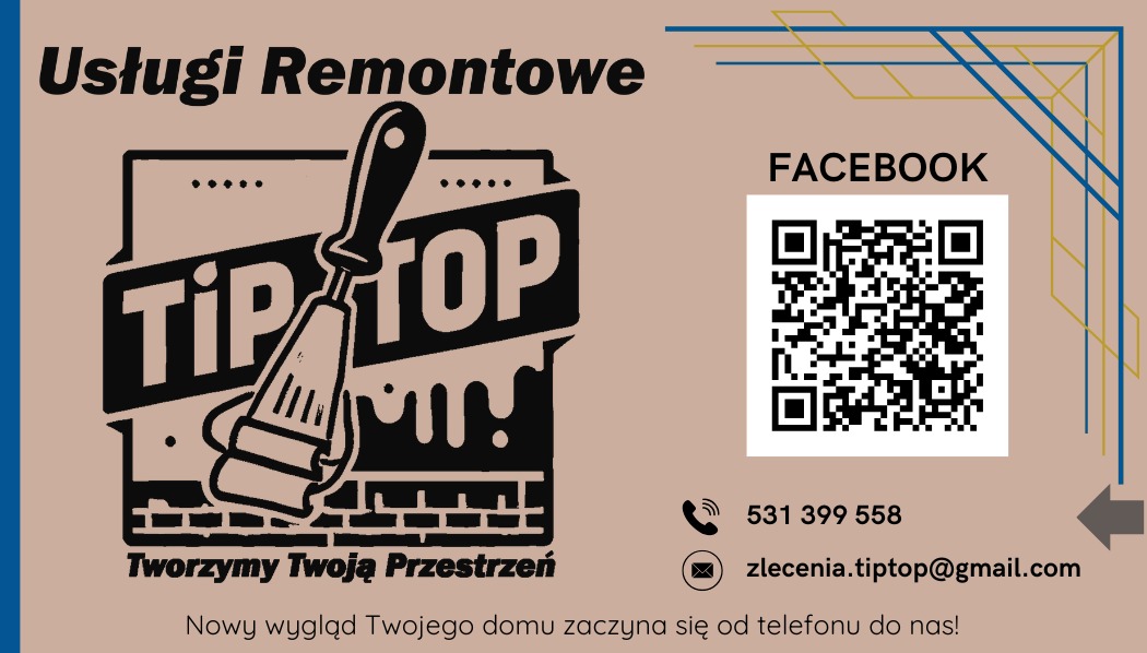 Wizytówka firmy remontowej Tip Top z logiem przedstawiającym pędzel malarski, kodem QR do Facebooka i danymi kontaktowymi.