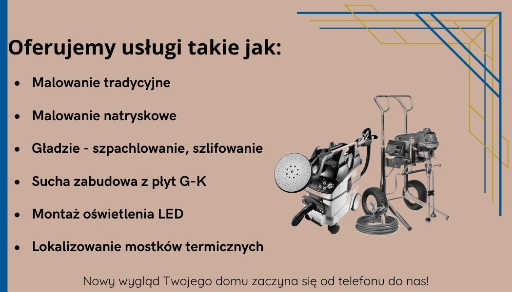Grafika reklamowa prezentująca usługi malarskie i remontowe: malowanie tradycyjne i natryskowe, gładzie, szpachlowanie, szlifowanie, sucha zabudowa z płyt G-K, montaż oświetlenia LED, lokalizowanie...