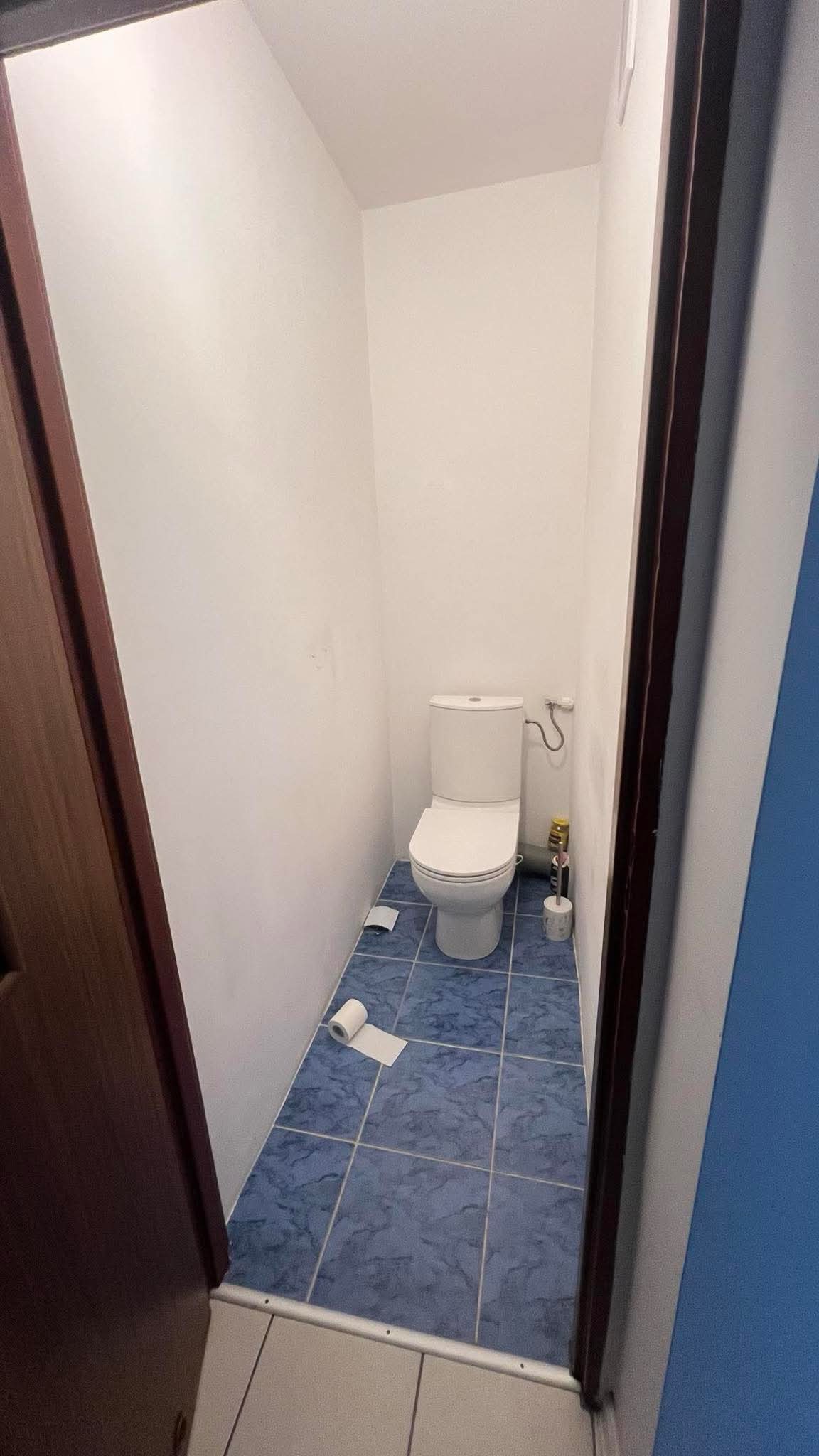 Wąska toaleta z białą muszlą klozetową, niebieskimi płytkami podłogowymi z wzorem marmuru i rolką papieru toaletowego leżącą na podłodze.