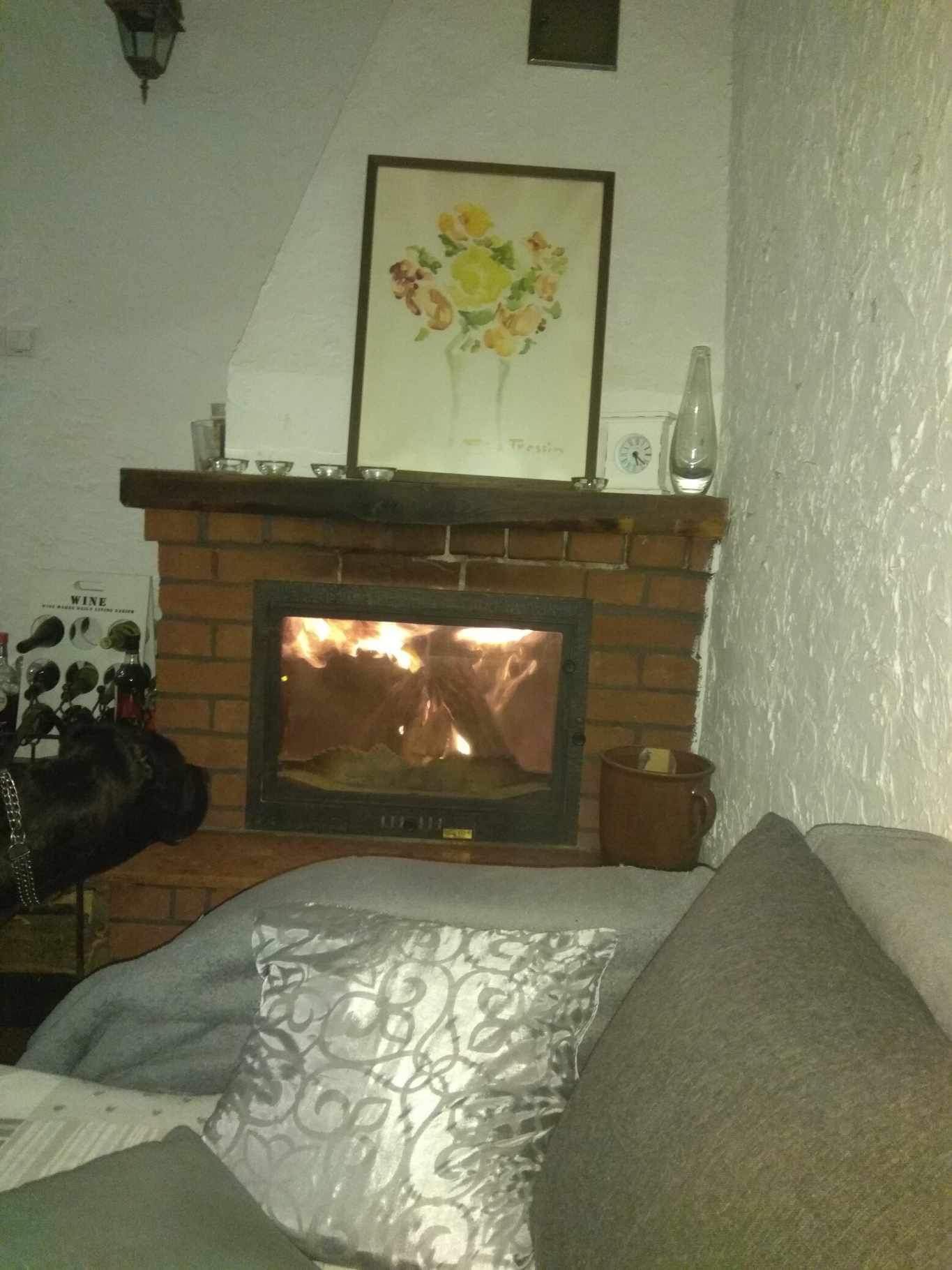 Ceglany kominek z palącym się drewnem, nad nim obraz z kwiatami, obok wazon i dekoracje, w tle ściana z fakturą, w kadrze fragment sofy z poduszkami.