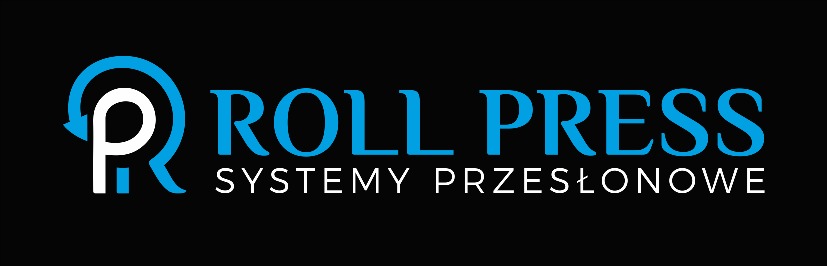 Logo firmy Roll Press, specjalizującej się w systemach przesłonowych; niebiesko-biały znak graficzny na czarnym tle.