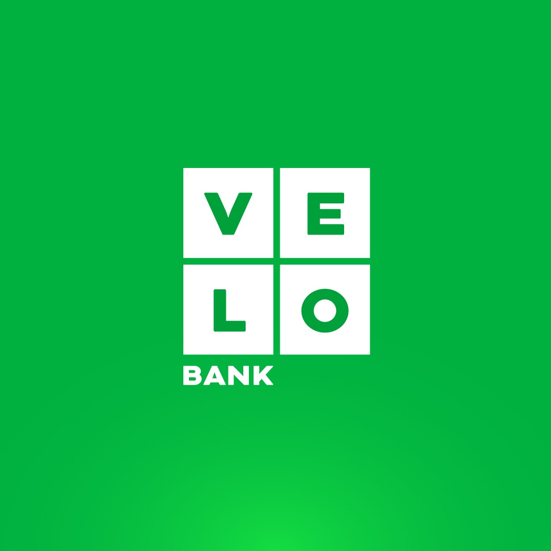 Logo VeloBank na zielonym tle, litery V, E, L, O w białych kwadratach.