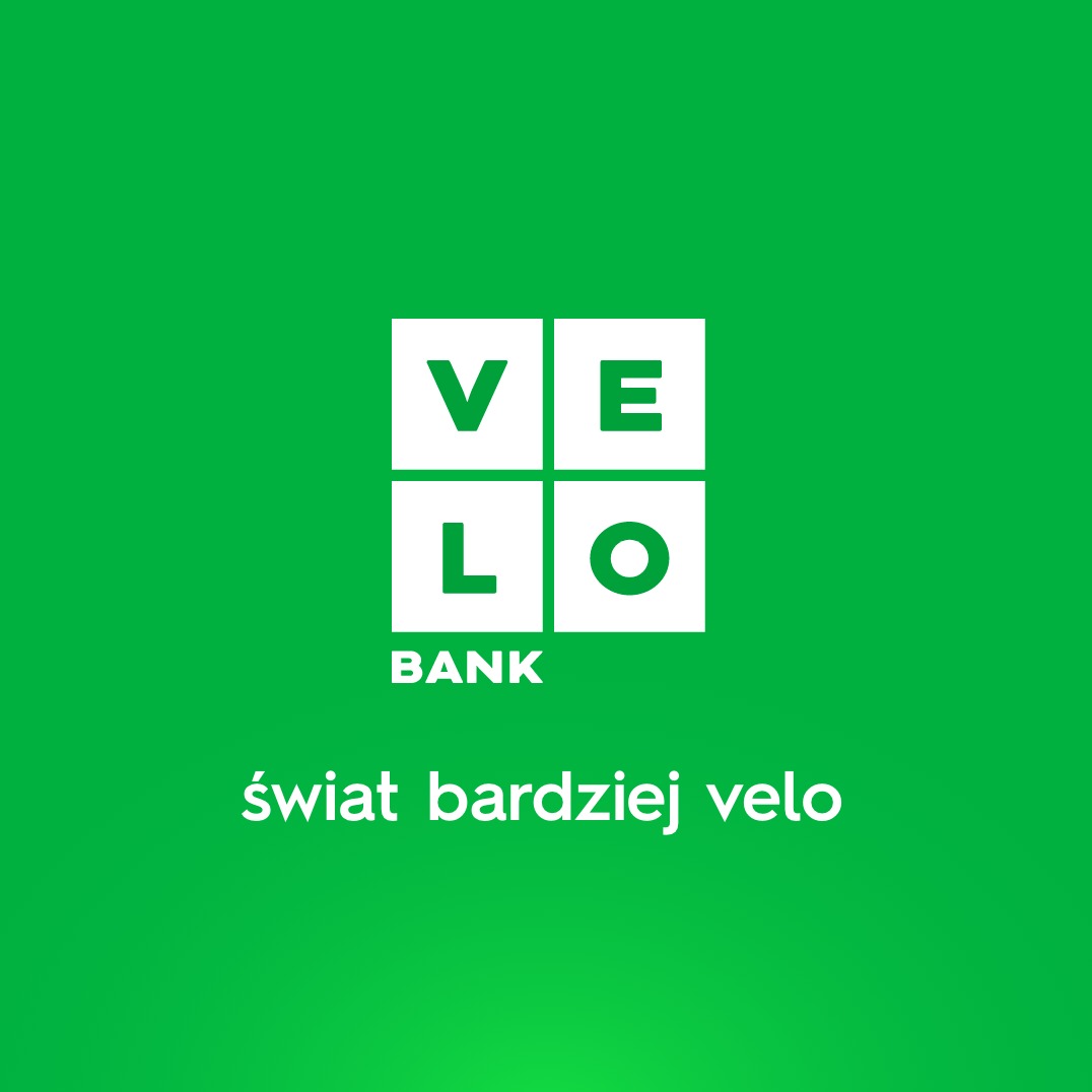 Logo VeloBank na zielonym tle, z hasłem 'świat bardziej velo' poniżej.