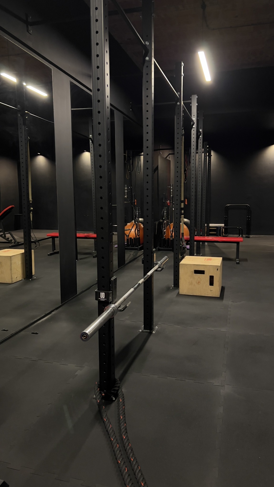 Nowoczesna siłownia z czarnymi ścianami, wyposażona w metalowe konstrukcje do ćwiczeń, drewniane skrzynie i liny do treningu funkcjonalnego.