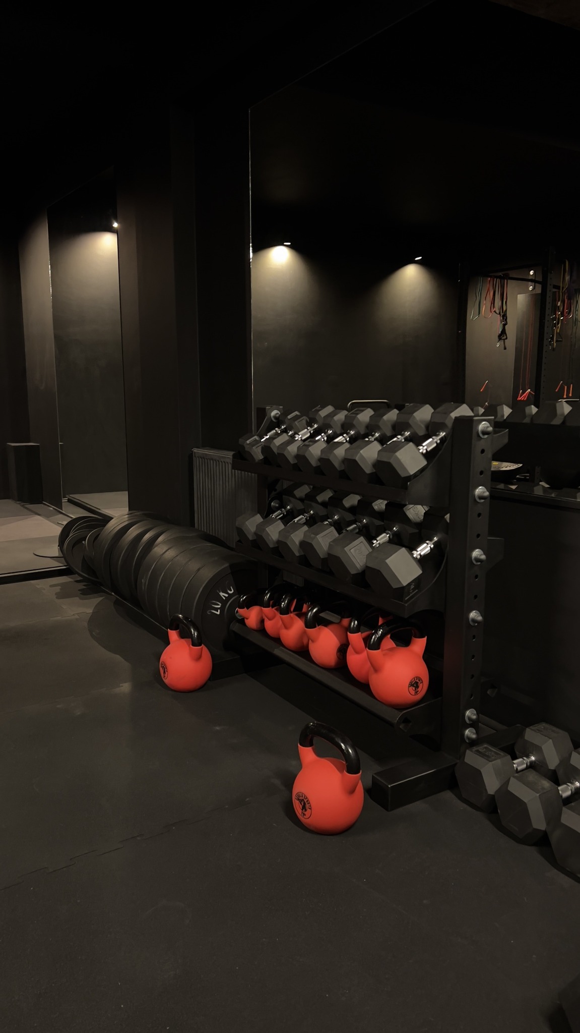 Ciemna siłownia: rząd czerwonych kettlebell na półce obok czarnych hantli, talerze do sztangi leżące na podłodze, lustro odbijające sprzęt do ćwiczeń.