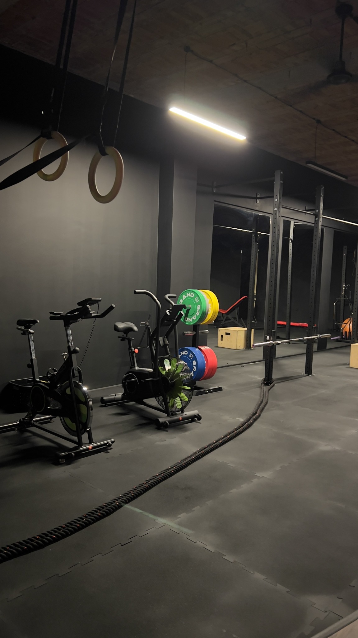 Ciemne wnętrze siłowni z dwoma rowerami stacjonarnymi, sztangą z obciążeniami w kolorach zielonym, żółtym, niebieskim i czerwonym, linami treningowymi na gumowej podłodze i wiszącymi kółkami...
