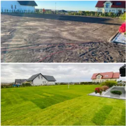 Zdjęcie 'przed i po' ukazujące teren przygotowany pod trawnik i efekt finalny - gęsta, zielona trawa. Widoczne domy w tle.