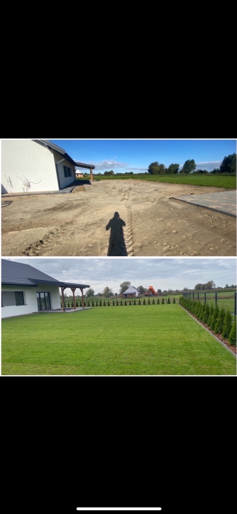 Porównanie terenu przed i po założeniu trawnika z rolki: widoczna różnica między przygotowanym podłożem z śladami opon a gęstą, zieloną trawą z rolki, obok nowego domu z drewnianą pergolą...