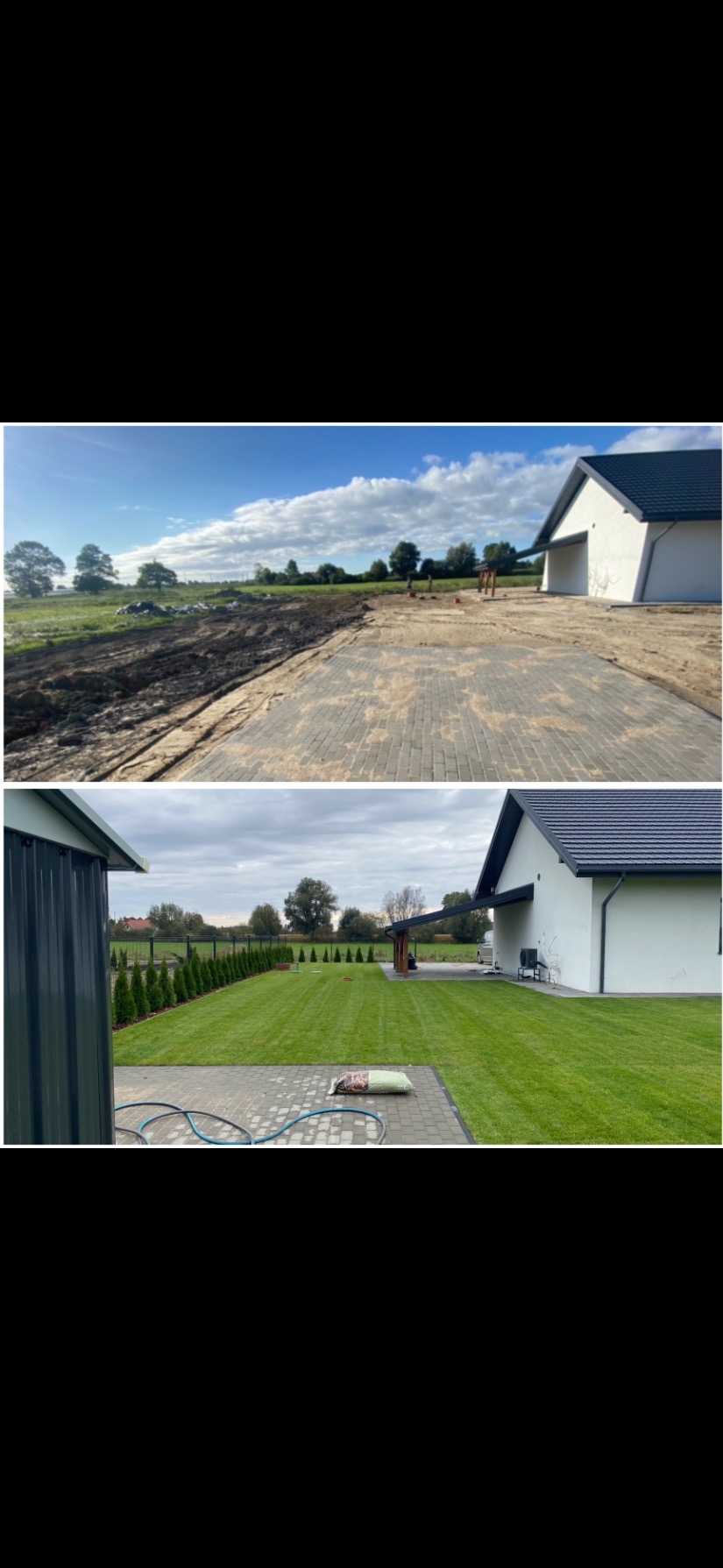 Porównanie terenu przed i po założeniu trawnika z rolki: widok na posesję z nowo założonym, gładkim, zielonym trawnikiem, kontrastujący z wcześniejszym stanem ziemi i gruzu.