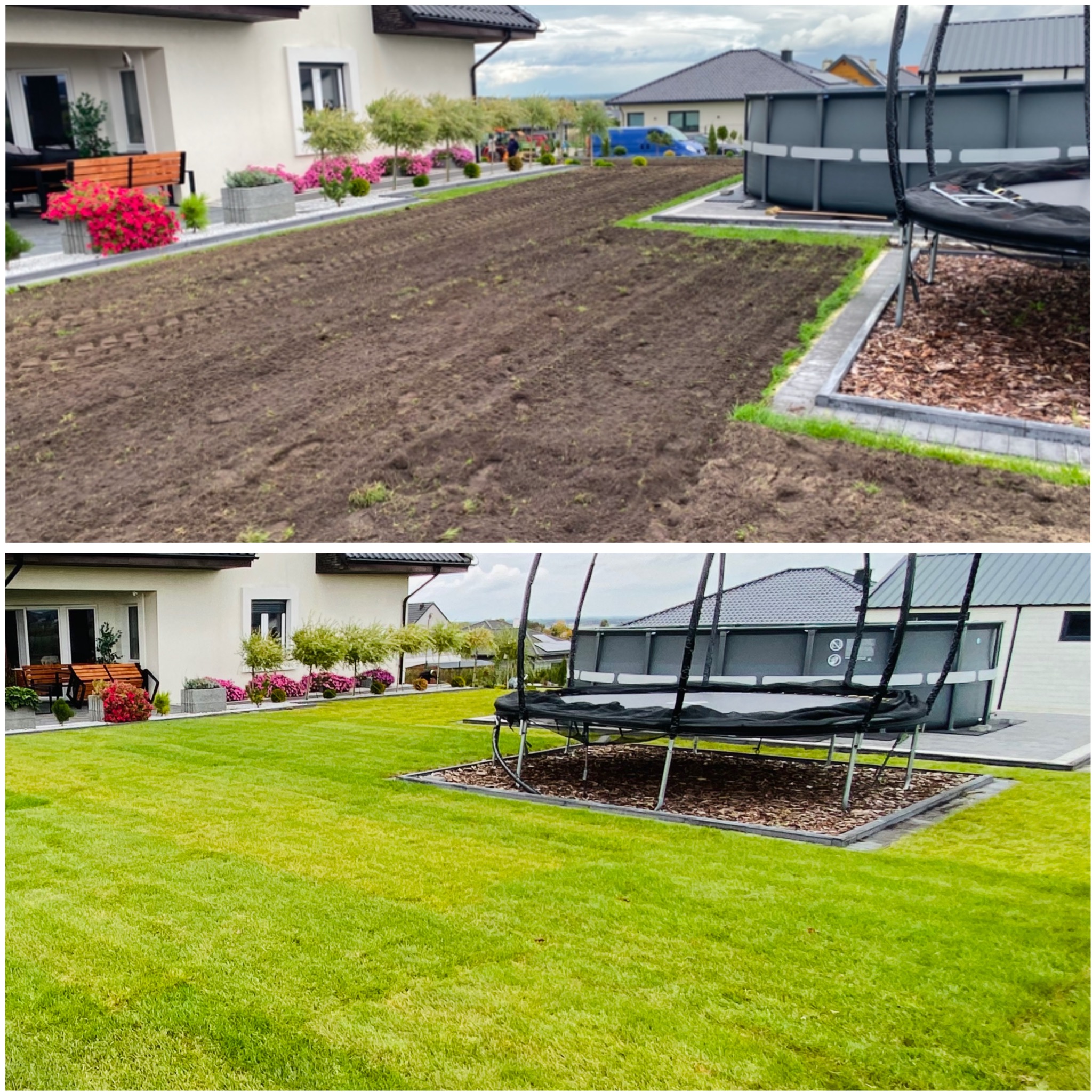 Zdjęcie 'przed i po' ukazujące transformację ogrodu: od przygotowanej ziemi po bujny, zielony trawnik. W tle trampolina i basen.