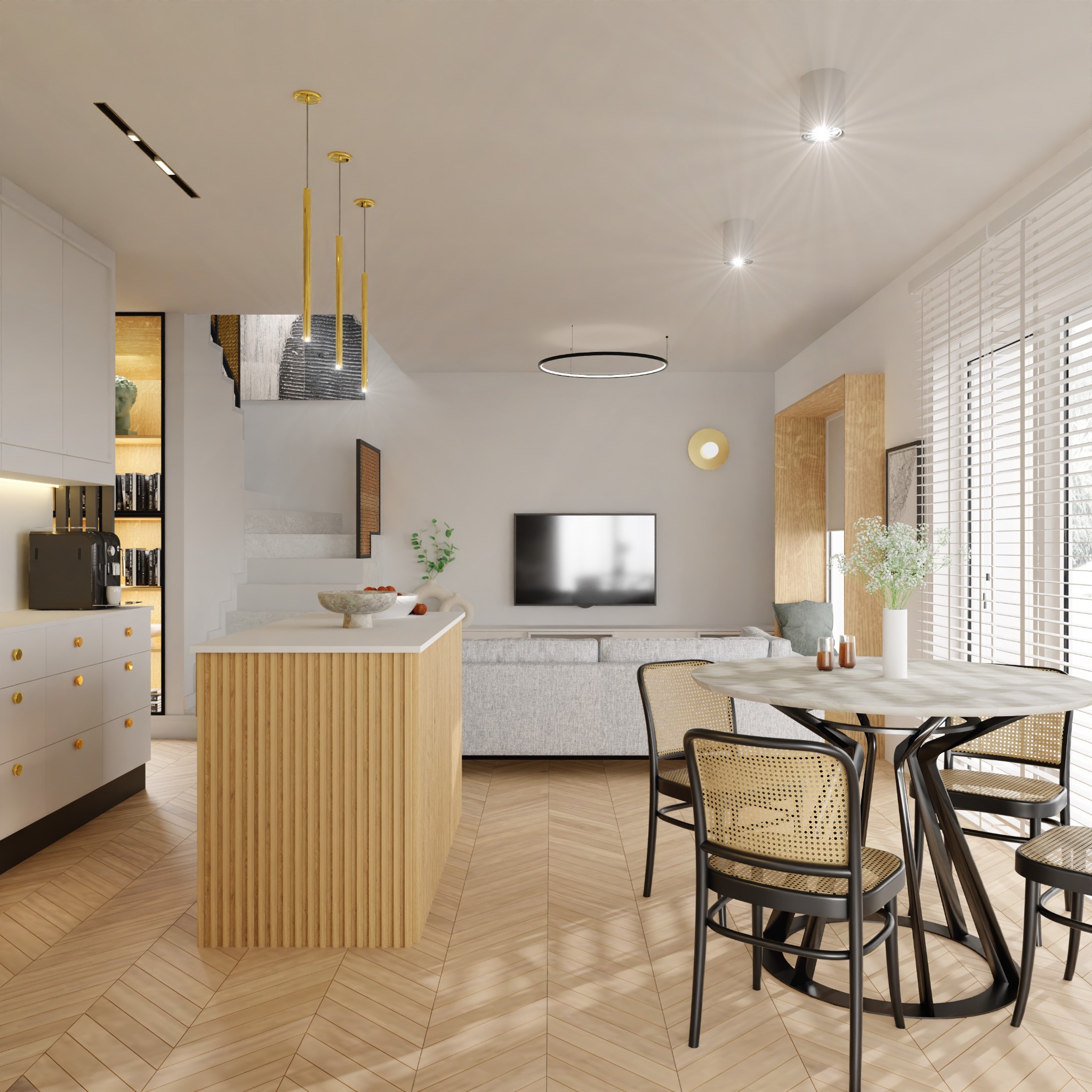 Jasne, przestronne wnętrze z drewnianą podłogą w jodełkę. W tle schody i telewizor. Nad stołem wiszą lampy. Minimalistyczny design.