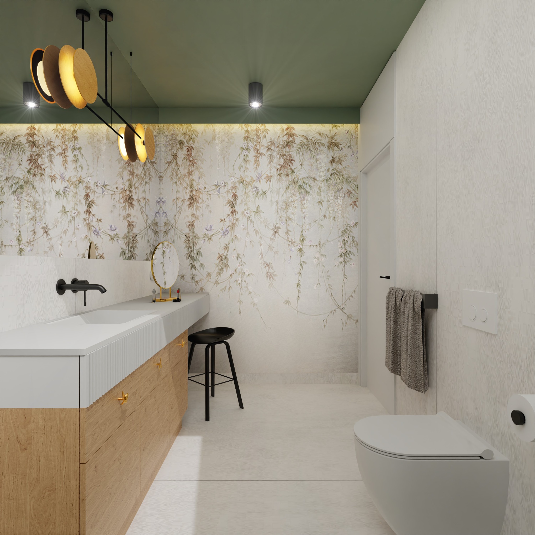 Nowoczesna łazienka z motywem roślinnym: drewniana szafka pod umywalką, okrągłe lustro, designerska lampa i zielony sufit tworzą spójną, elegancką przestrzeń.