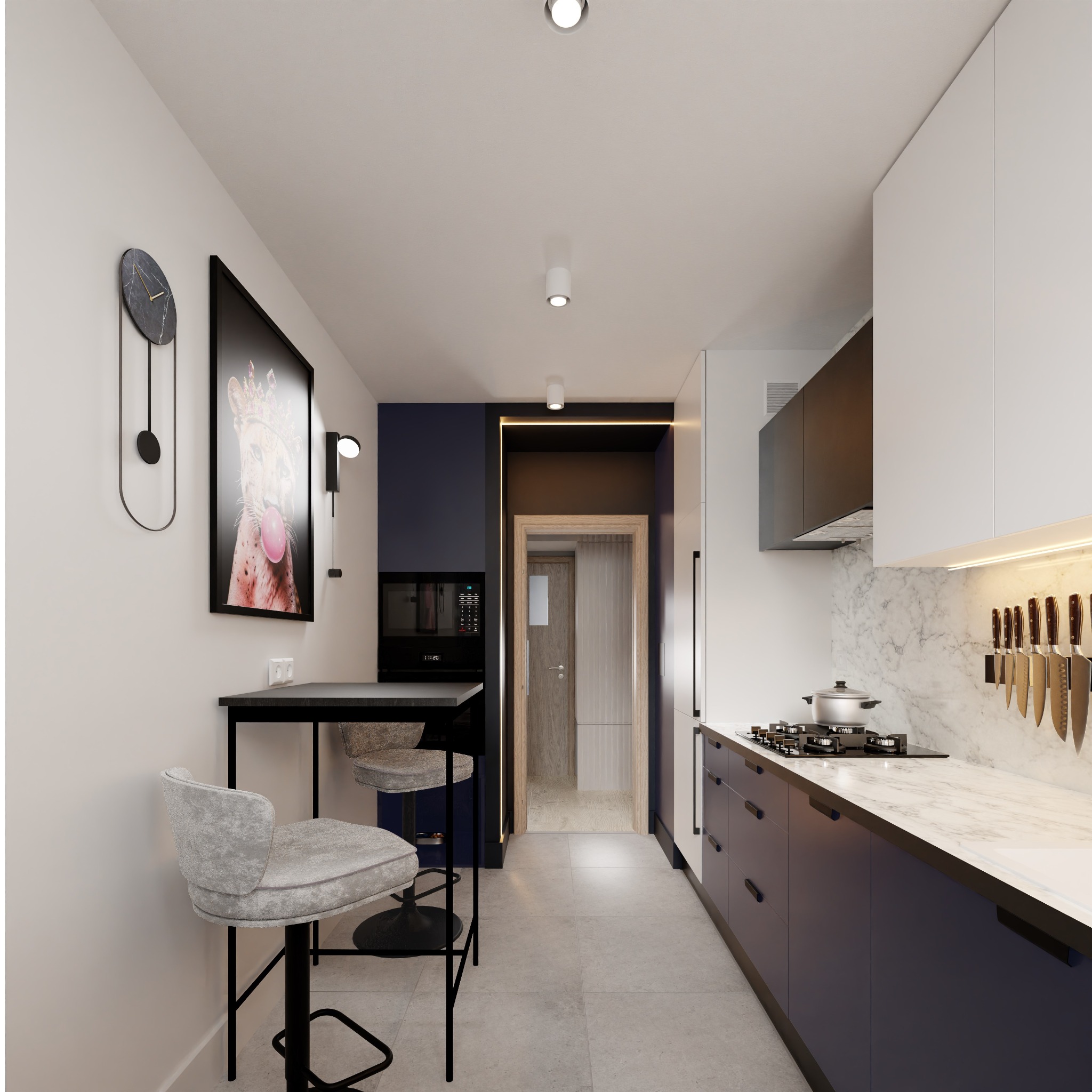 Nowoczesna kuchnia z marmurowym blatem, ciemnymi szafkami i designerskimi krzesłami barowymi. Na ścianie zegar i plakat z motywem zwierzęcym.