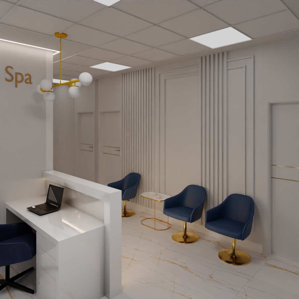Nowoczesne wnętrze strefy SPA z recepcją, laptopem, niebieskimi krzesłami na złotych podstawach i marmurową podłogą. Minimalistyczny design z elementami dekoracyjnymi.
