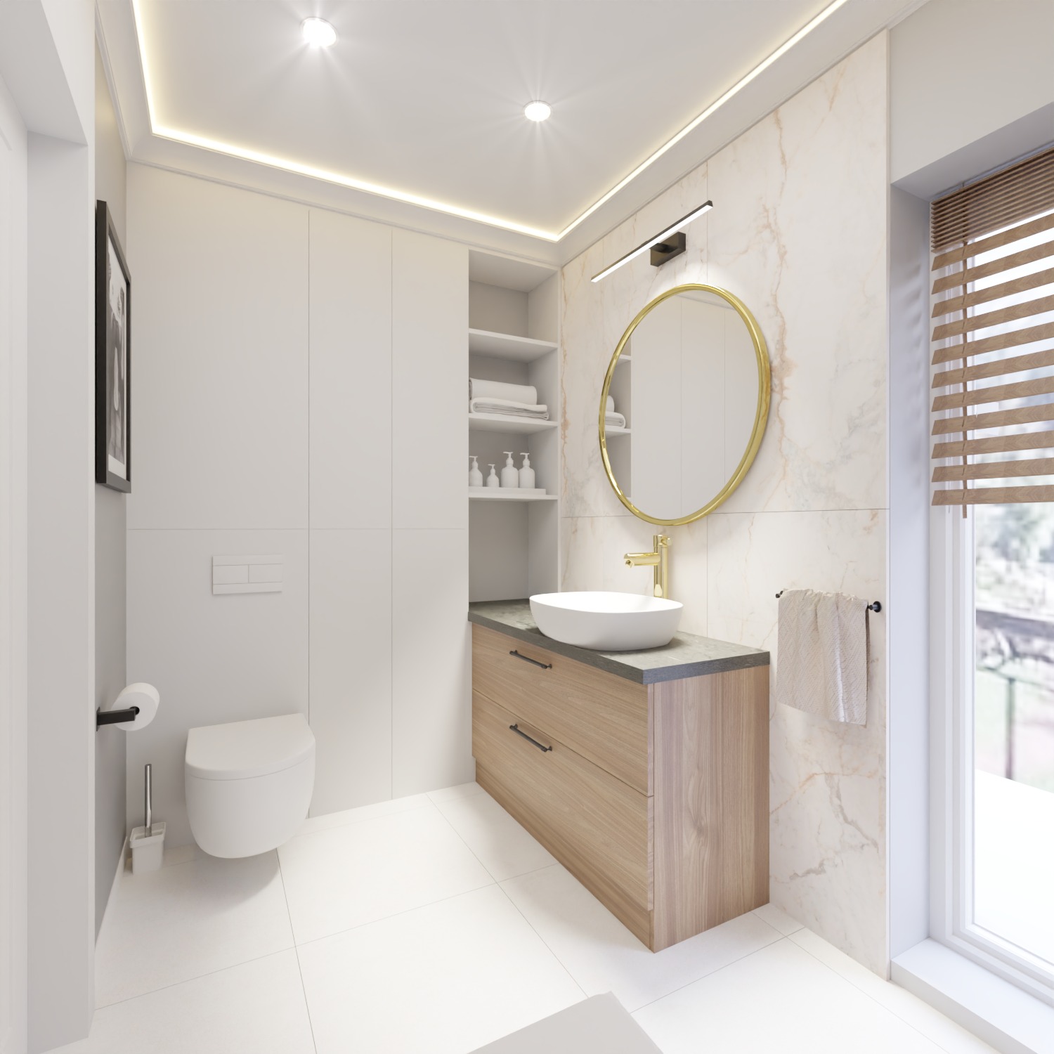 Elegancka łazienka z marmurową ścianą, okrągłym lustrem w złotej ramie, drewnianą szafką pod umywalką i białymi płytkami podłogowymi. Minimalistyczny design.