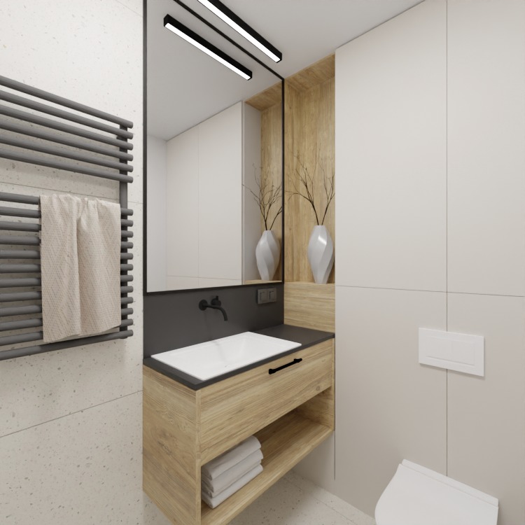 Nowoczesna łazienka z drewnianą szafką pod umywalką, czarną armaturą i grzejnikiem drabinkowym. Minimalistyczny design, beżowe płytki i oświetlenie LED.