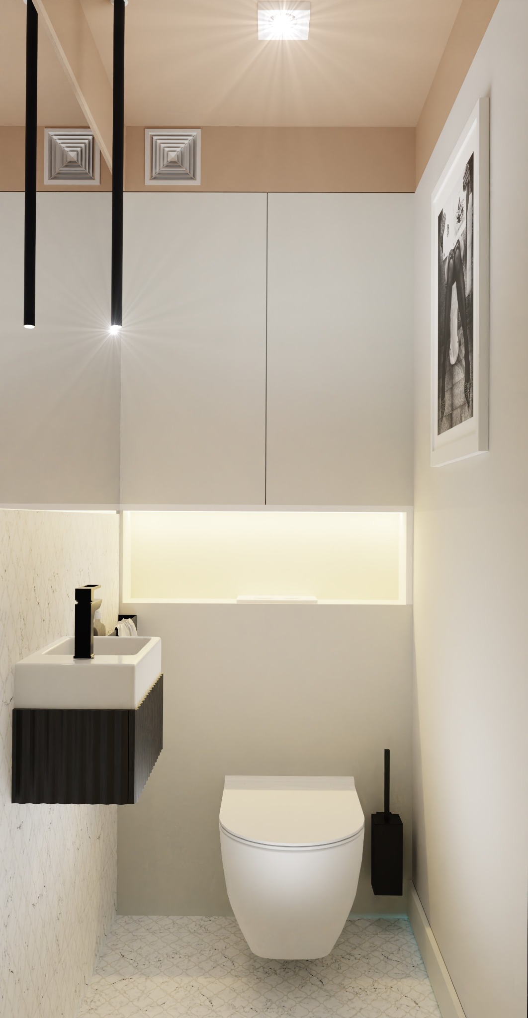 Minimalistyczna łazienka: biała toaleta podwieszana, umywalka z czarnym akcentem, marmurowe płytki, oświetlenie LED i grafika w ramie.