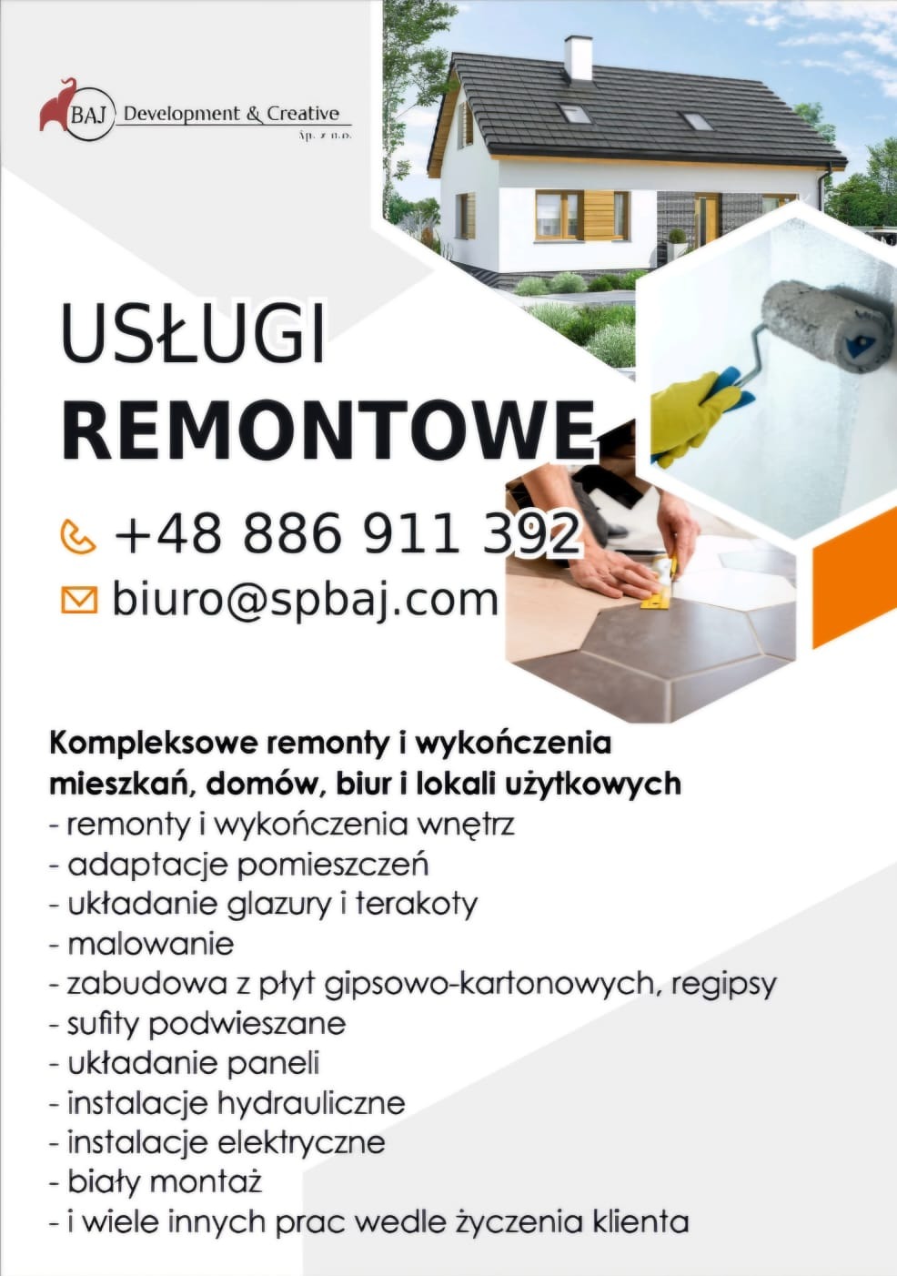 Reklama usług remontowych: dom jednorodzinny, malowanie ściany wałkiem, układanie płytek heksagonalnych, kontakt telefoniczny i adres email.