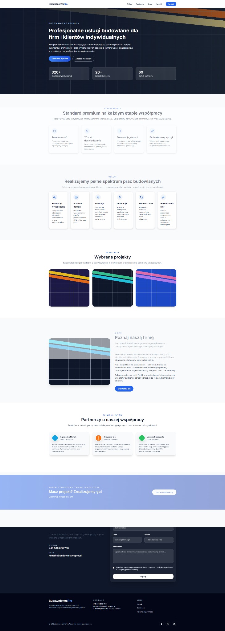 Strona internetowa firmy budowlanej BudownictwoPro. Prezentacja usług, realizacji i partnerów. Kolorystyka: granat, biel, złoto. Czytelny układ, nowoczesny design.