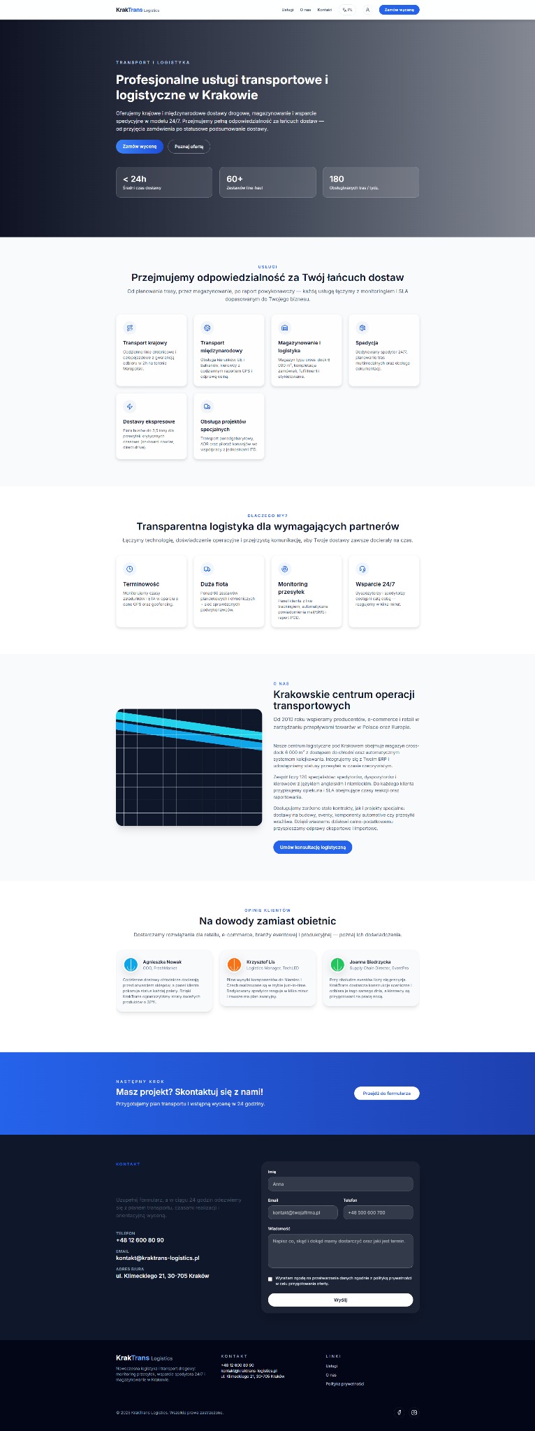 Strona internetowa firmy KrakTrans Logistics z ofertą usług transportowych i logistycznych w Krakowie. Widoczne sekcje: oferta, opinie klientów i formularz kontaktowy.