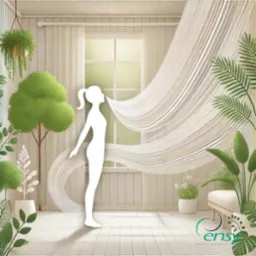 Ilustracja wnętrza z siluetką kobiety, symbolizującą przepływ powietrza, w otoczeniu roślin. Jasne kolory i minimalistyczny design.