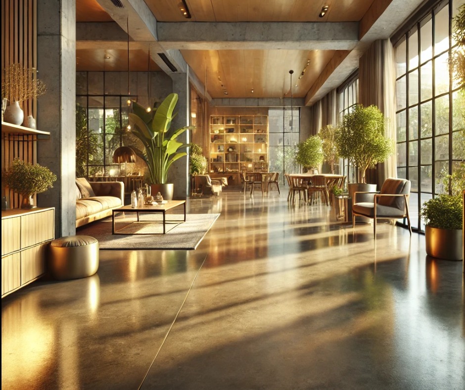 Przestronne wnętrze hotelowe z betonową posadzką, dużymi oknami i naturalnym światłem, drewnianym sufitem i minimalistycznym wystrojem, z roślinami doniczkowymi i meblami w odcieniach beżu i brązu.