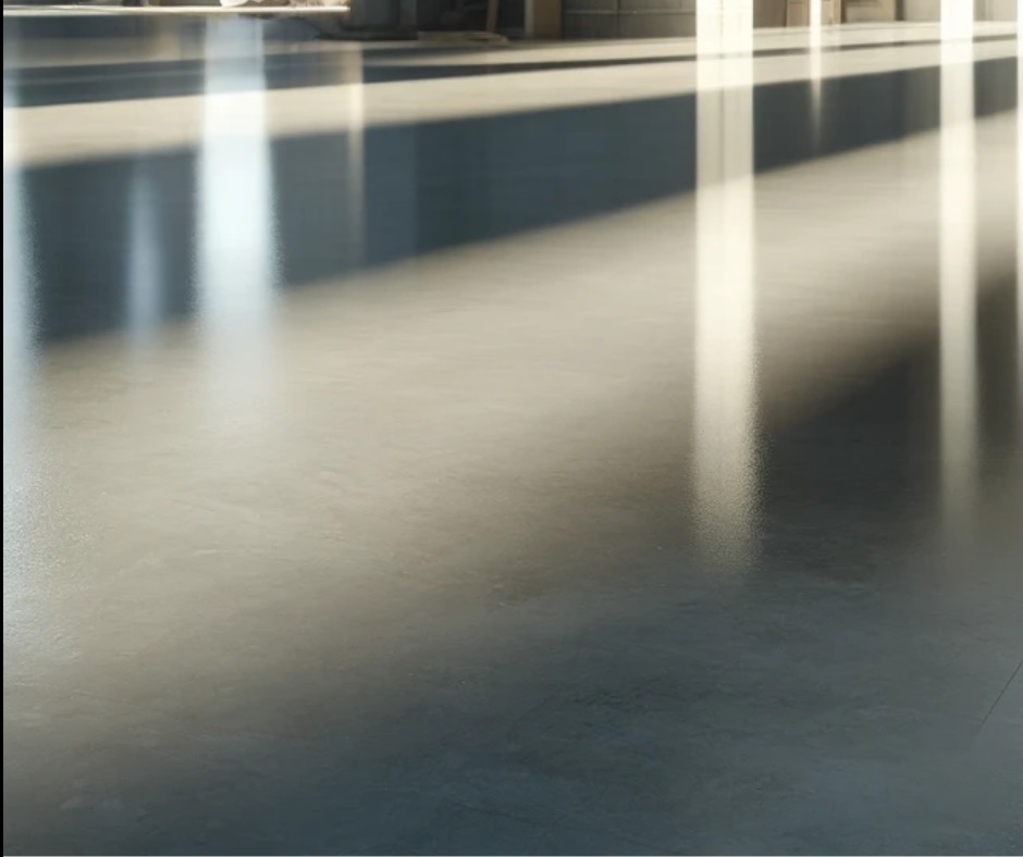Gładka, szara posadzka z widocznymi refleksami światła słonecznego wpadającego przez okna hali.