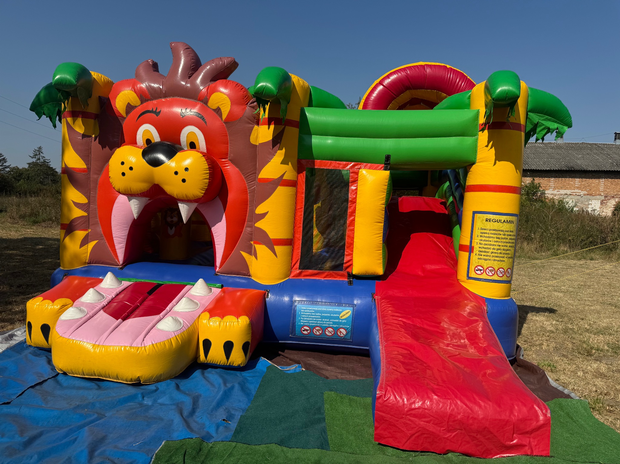 Kolorowy dmuchany zamek w kształcie lwa z czerwoną zjeżdżalnią, ustawiony na trawie w słoneczny dzień.