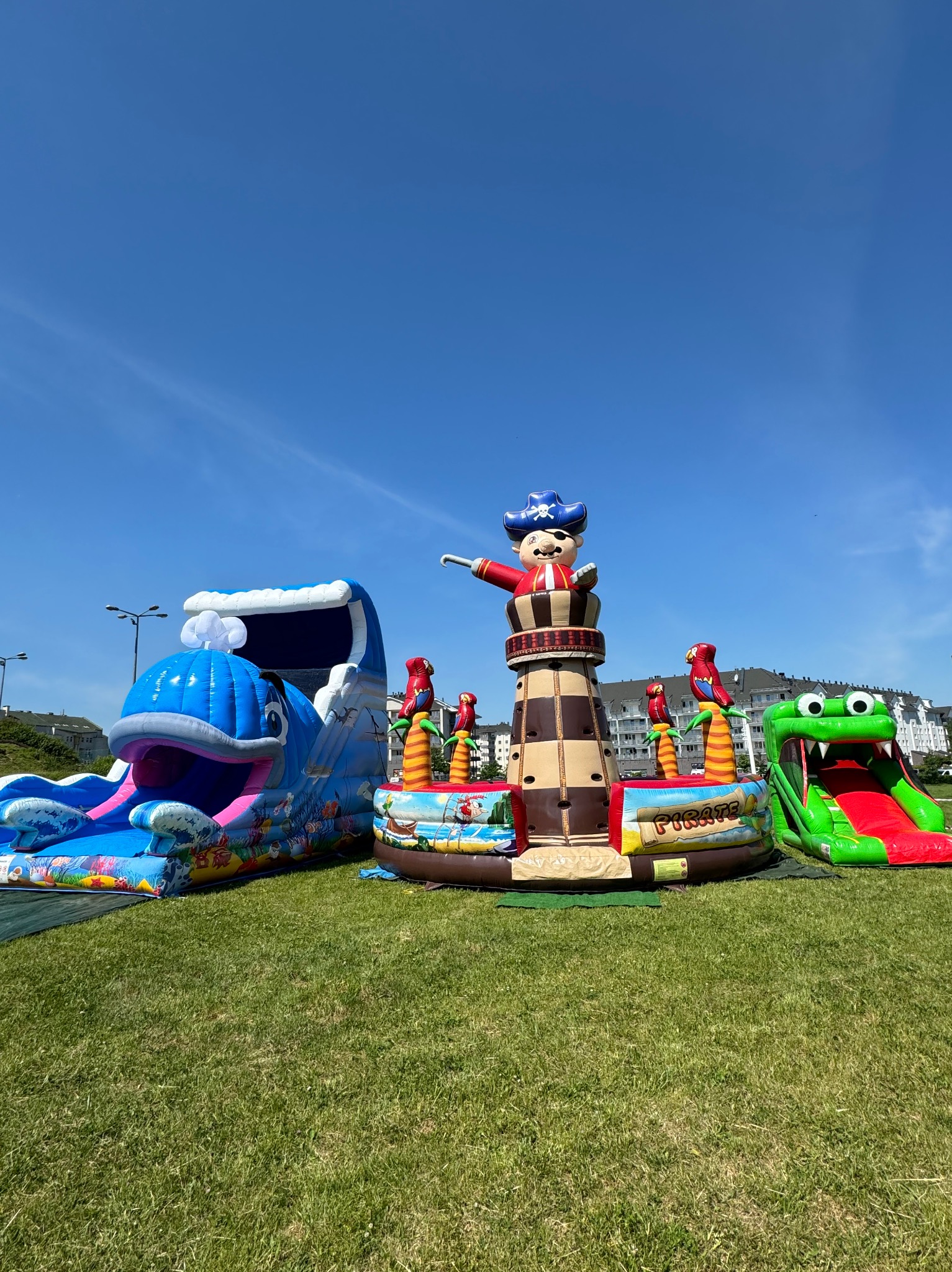 Zestaw trzech kolorowych, nadmuchiwanych atrakcji na trawie: zjeżdżalnia w kształcie wieloryba, piracki plac zabaw z figurą pirata i zjeżdżalnia w kształcie krokodyla.