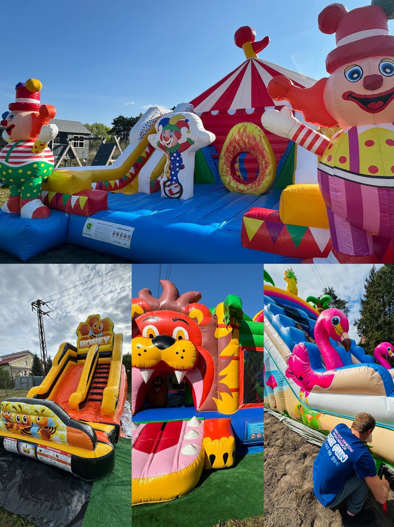 Kompozycja zdjęć przedstawiająca różne kolorowe, dmuchane zamki i zjeżdżalnie dla dzieci, w tym motywy klauna, cyrku, lwa i flamingów, ustawione na zewnątrz.