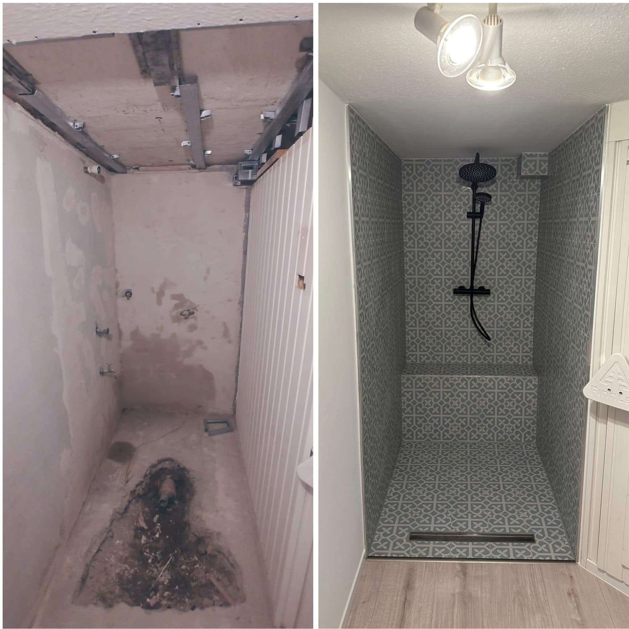 Porównanie stanu łazienki przed i po: surowy beton i instalacje kontra wykończony prysznic z szarymi płytkami w geometryczny wzór, czarną armaturą i drewnopodobną podłogą.