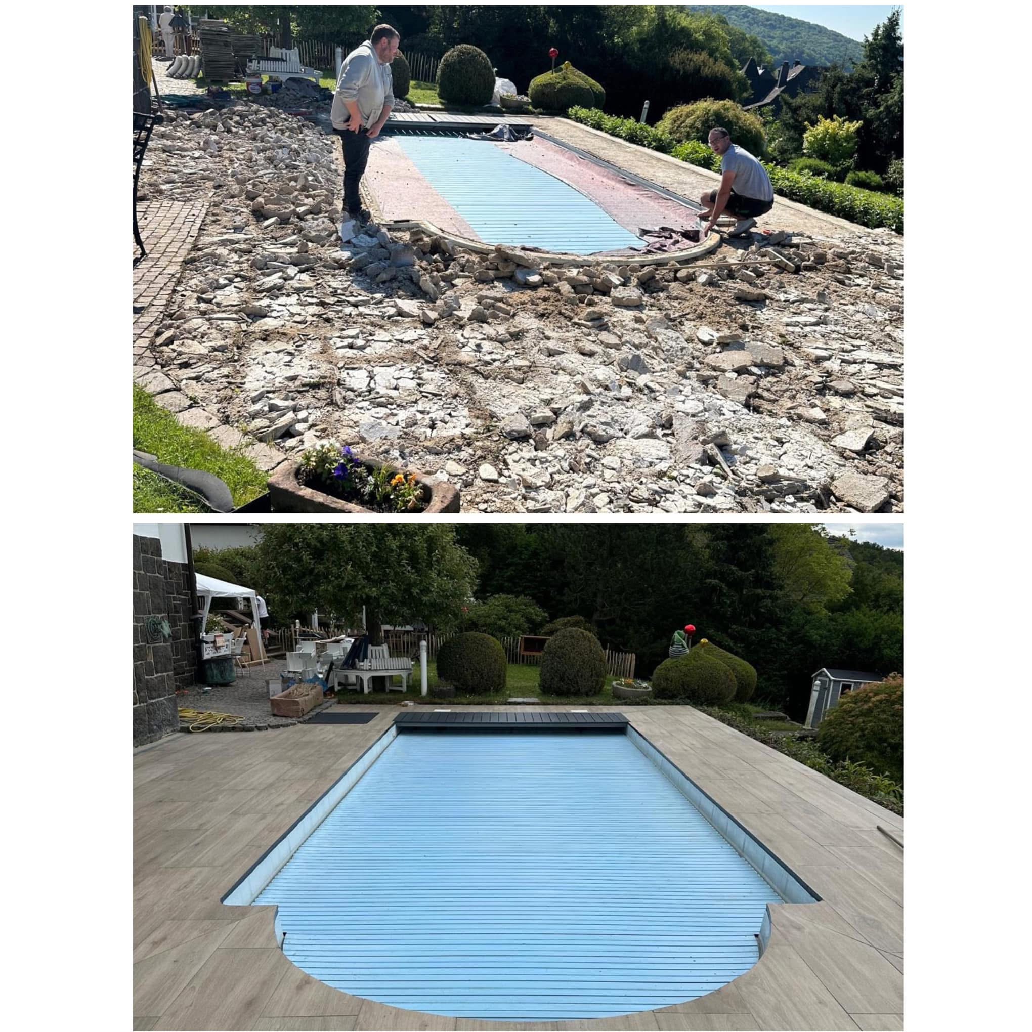 Dwa ujęcia: górne przedstawia demontaż starej nawierzchni wokół basenu z widocznymi gruzami i dwoma pracownikami, dolne prezentuje basen z nową, drewnopodobną nawierzchnią z płytek, otoczony zielenią.