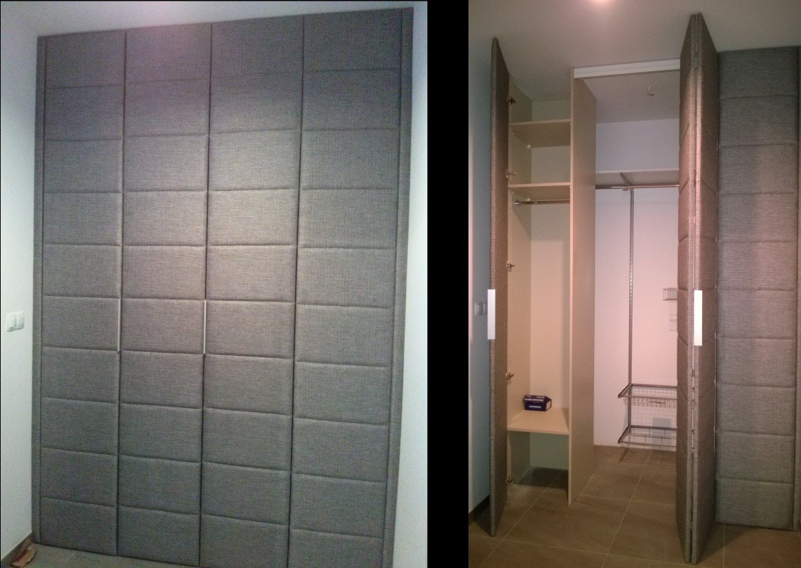 Szafa na wymiar z szarymi, tapicerowanymi drzwiami w formie paneli, wnętrze szafy z półkami i drążkami na ubrania.