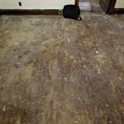 FLEX PATRYK WOJDAK - Drewniana podłoga przed renowacją, widoczne ślady starego lakieru i zarysowania, przy ścianie czarna torba i pakunek.