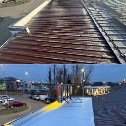 Grzegorz Tomasiak GT-BAU - Zdjęcie dachu przed i po renowacji. Górna część ukazuje zniszczoną, brązową blachę falistą, dolna - białą, odnowioną powierzchnię z widocznymi elementami konstrukcyjnymi.