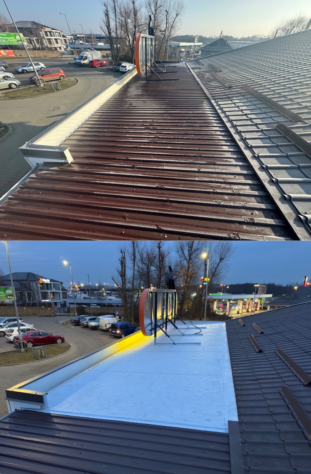 Zdjęcie dachu przed i po renowacji. Górna część ukazuje zniszczoną, brązową blachę falistą, dolna - białą, odnowioną powierzchnię z widocznymi elementami konstrukcyjnymi.