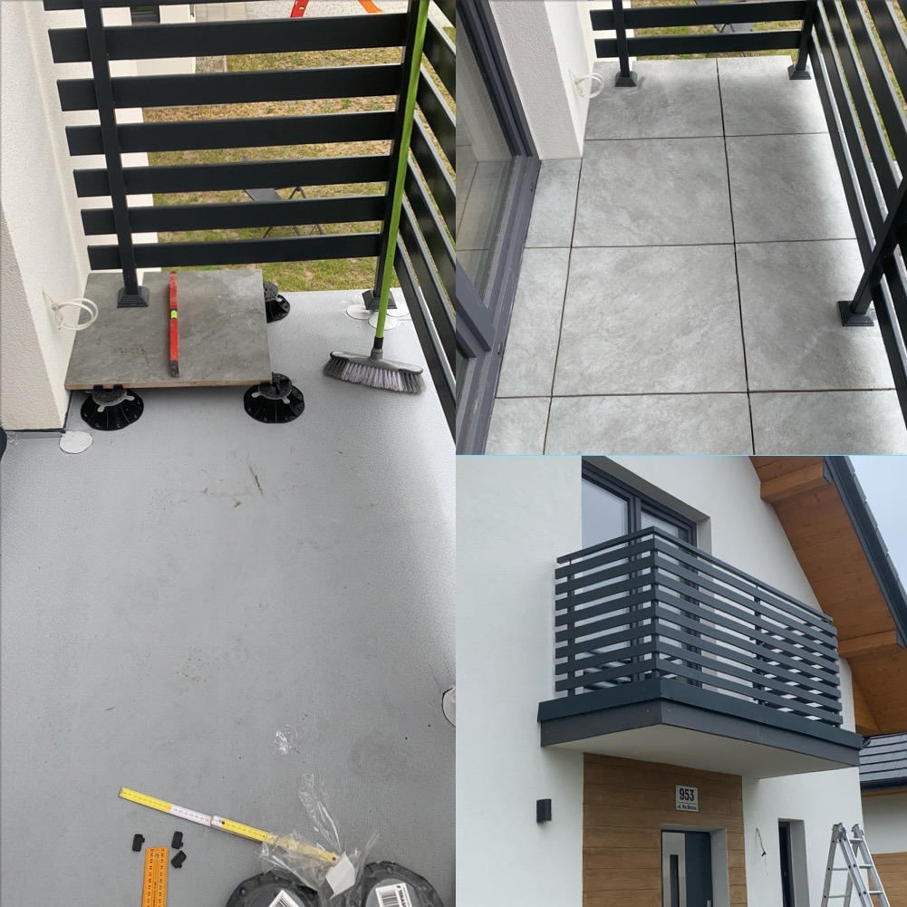 Montaż płytek na balkonie z użyciem regulowanych wsporników. Widoczne narzędzia i fragment elewacji z balustradą. Częściowo ukończony remont balkonu.