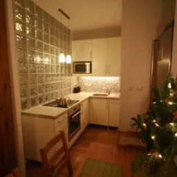 Umeblowana kuchnia w mieszkaniu o powierzchni 36m2, oddzielona od reszty pomieszczenia ścianką z luksferów. Widoczny stół z krzesłami i mała choinka.