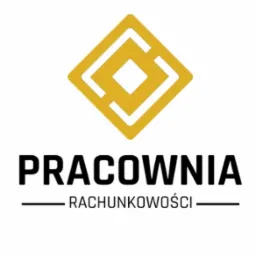 Logo Pracowni Rachunkowości z Wrocławia. Złoty romb z geometrycznym wzorem powyżej nazwy. Czarny, pogrubiony font.