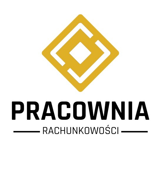 Logo Pracowni Rachunkowości z Wrocławia. Złoty romb z geometrycznym wzorem powyżej nazwy. Czarny, pogrubiony font.