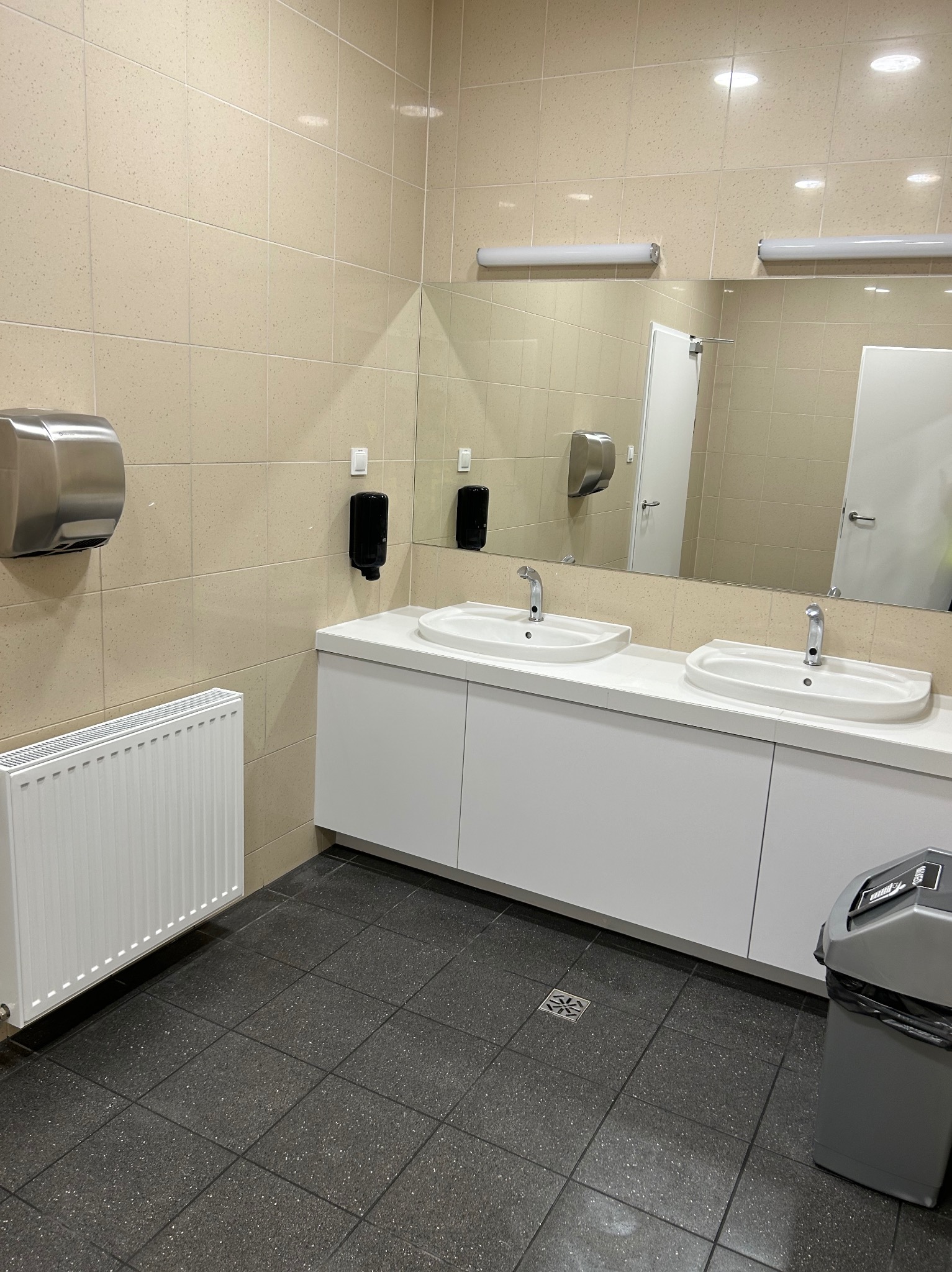 Wnętrze publicznej toalety z dwoma umywalkami, dużym lustrem, podajnikiem na ręczniki, dozownikiem mydła, grzejnikiem i koszem na śmieci. Wykończenie w beżowych płytkach i ciemnej podłodze.