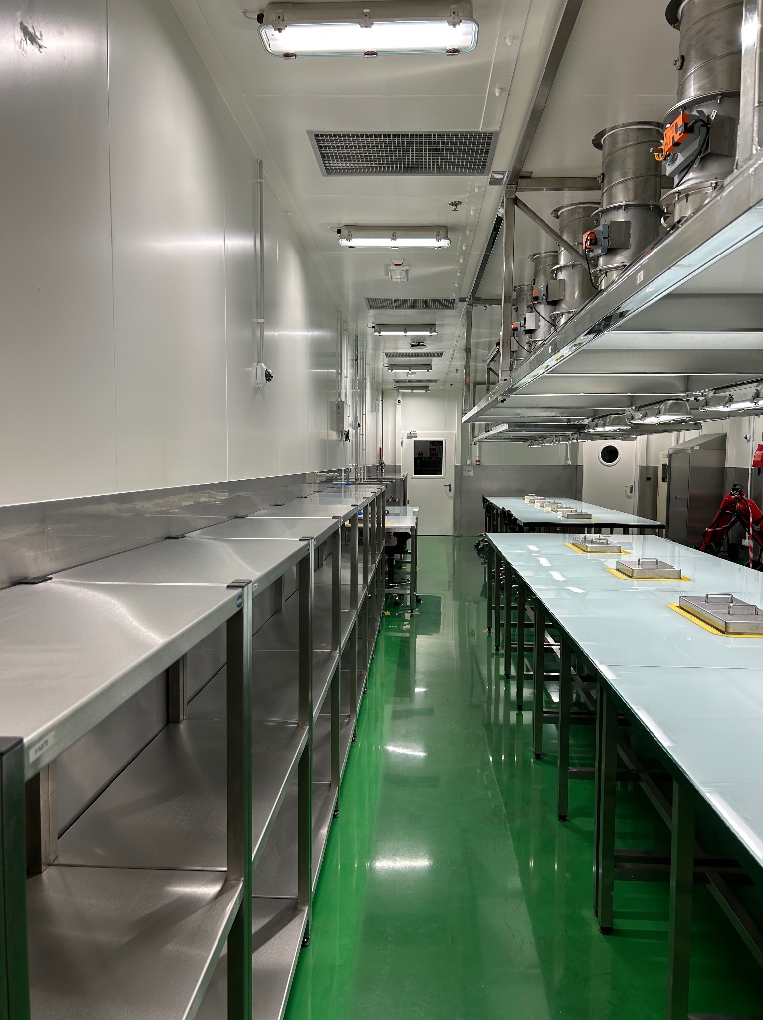 Wnętrze czystego, przemysłowego pomieszczenia z długimi, metalowymi stołami, zieloną podłogą i białymi ścianami, oświetlone lampami sufitowymi, z widocznymi elementami instalacji nad stołami.